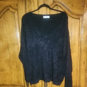 Mango Fur Effect Knitted V Neck Sweater Black 3X Gently Used